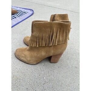 Neiman Marcus Womens Suede Fringe Ankle Heeled Booties Tan Light Brown Size 8